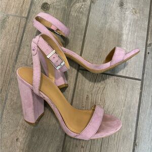 Express lavender suede, chunky, strapping heel sandal